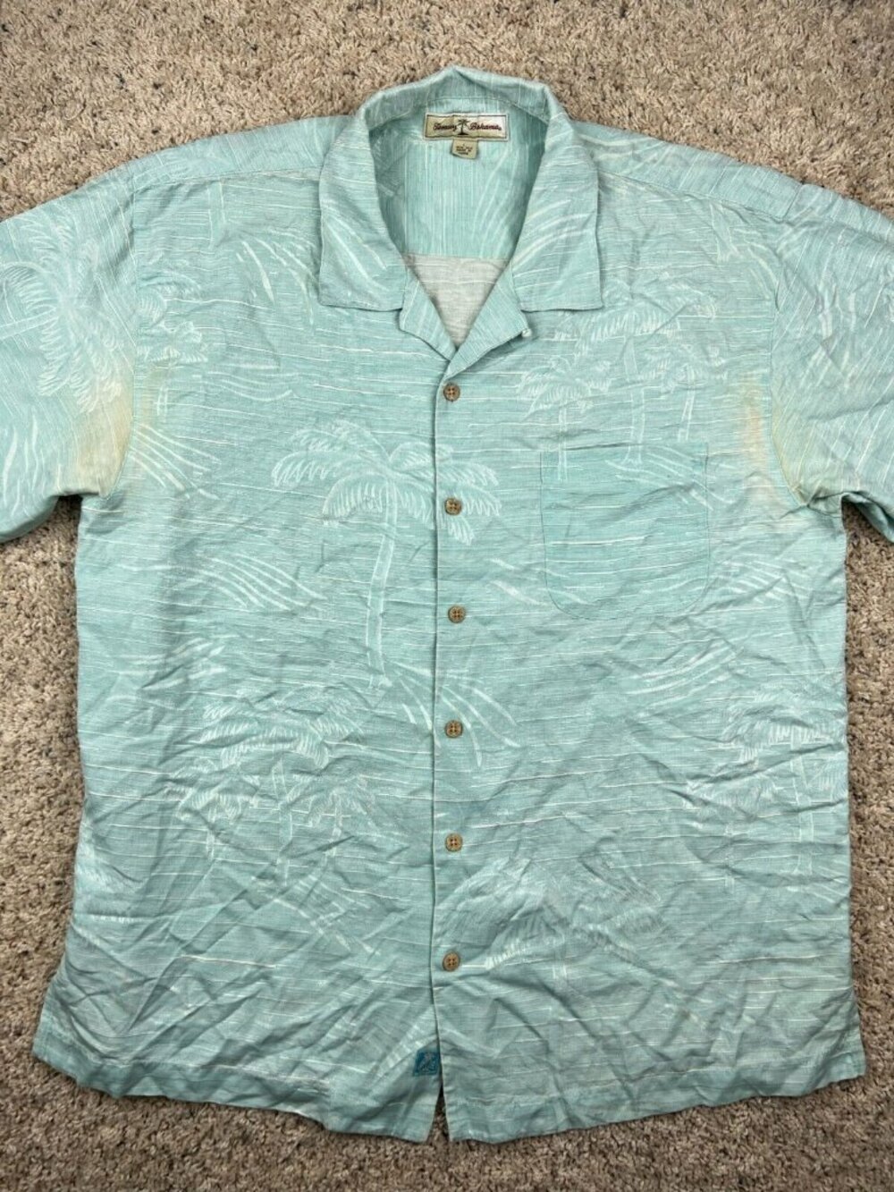 Tommy Bahama Shirt Adult Large Blue Button Up Hawaiian Silk Camp Mens * Stains